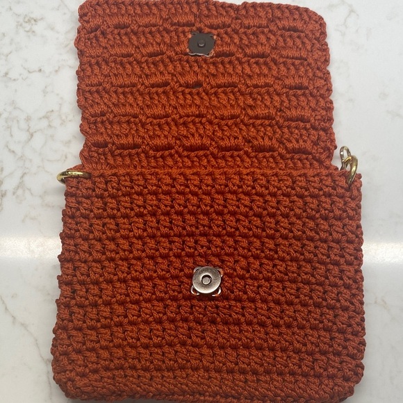 Handmade Purse Clutch Crochet Euro Summer Orange Gold Chain Boho Craft 6”x7” - Picture 4 of 5